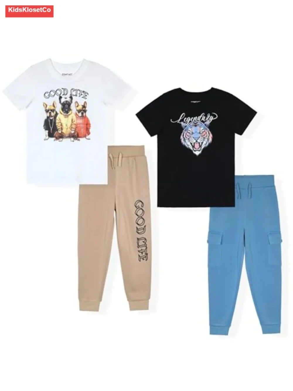 4 Piece Boys Matching Jogger Outfit Set with Graphic Tees & Cargo Pants